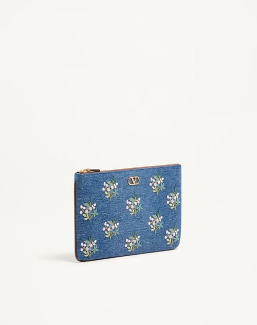 Valentino Garavani - Valentino Garavani Vlogo Signature Clutch Bag In Denim With Floral Embroidery - Denim - Woman - Clutches