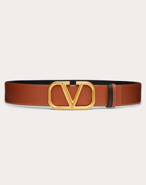 Valentino Garavani - Reversible Vlogo Signature Belt In Glossy Calfskin 40 Mm - Saddle Brown/black - Woman - Belts - Accessories