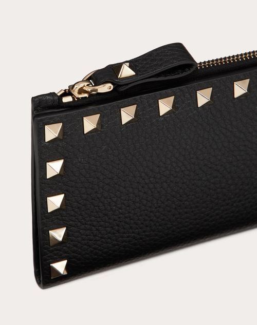 Valentino Garavani - Porte-cartes Rockstud Zippé En Cuir De Veau Grainé - Noir - Femme - Portefeuilles Et Petite Maroquinerie