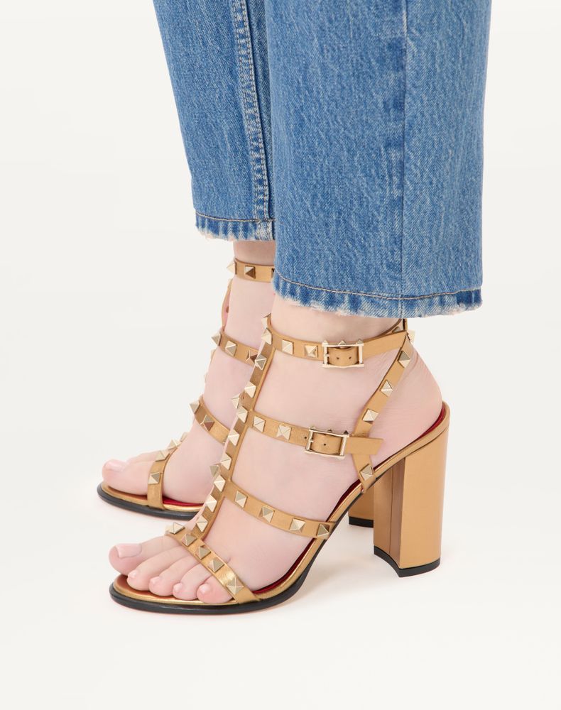 Valentino Garavani Rockstud Laminated Calfskin Sandal With Straps 90Mm Woman Gold 35
