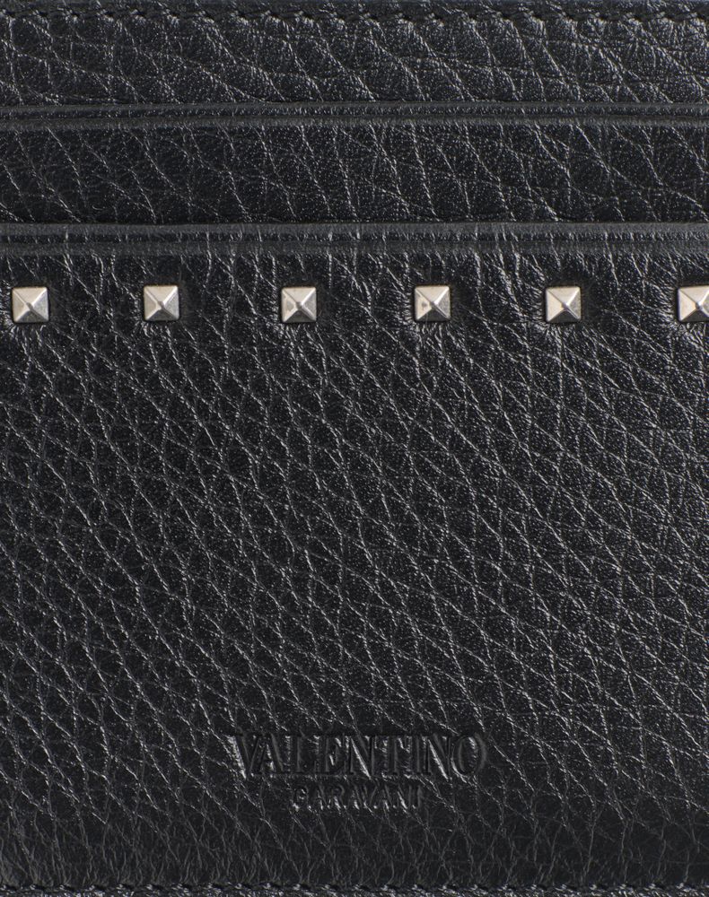Valentino Garavani Rockstud Grainy Calfskin Cardholder Man Black Uni