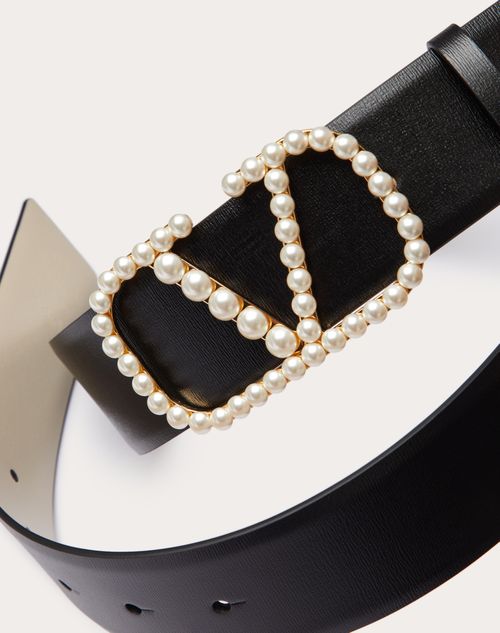 Valentino Garavani - Cinturón Reversible De Cuero Brilloso De Becerro De 40 mm Con Perlas Y Con El Vlogo Signature - Negro/marfil Claro - Mujer - Cinturones
