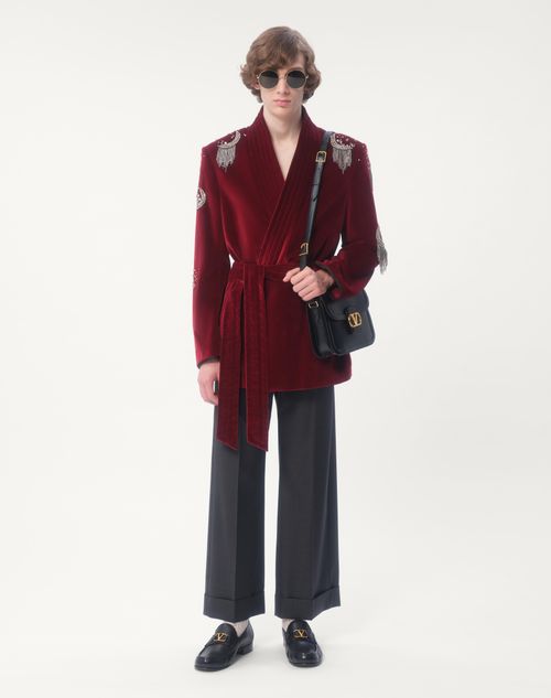 Valentino - Cotton Velvet Belt Jacket With Rhinestone And Bead Embroidery - Crimson - Man - Gifts For Him