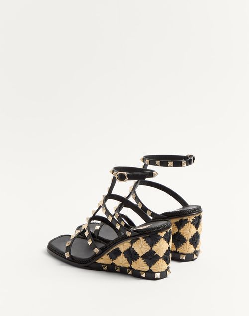 Rockstud Wedge Sandal In Calfskin With Check Embroidery 80mm Rockstud Wedge Sandal In Calfskin With Check Embroidery 80mm