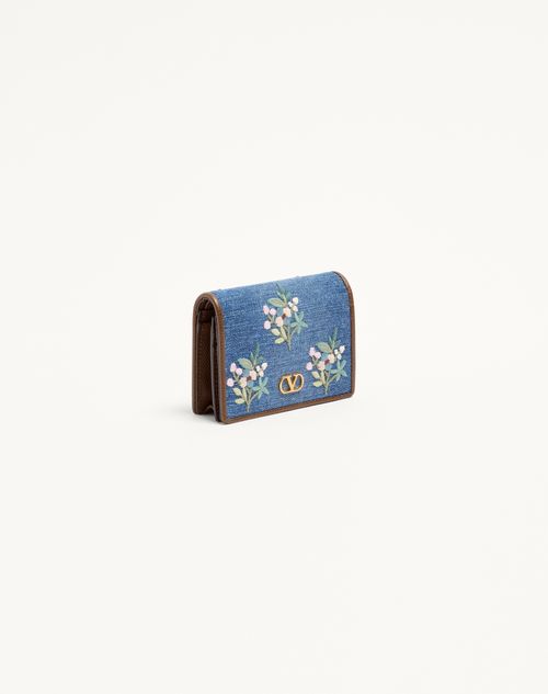 Valentino Garavani - Valentino Garavani Vlogo Signature Wallet In Denim With Floral Embroidery - Denim - Woman - Wallets And Small Leather Goods