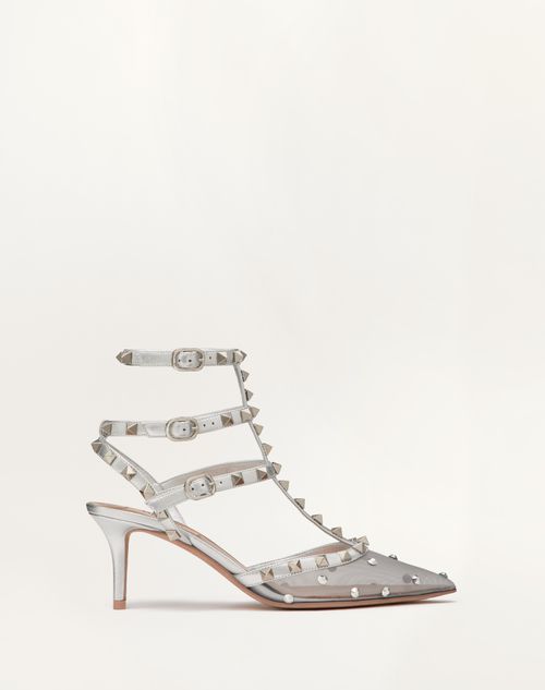 Valentino Garavani - Zapato Rockstud De Malla Con Tiras, Cristales Y Tacón De 65 mm - Pastel Grey/plateado - Mujer - Salones