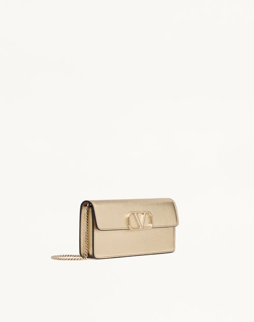 Valentino Garavani - Vlogo Signature Metallic Grainy Calfskin Wallet With Chain - Platinum - Woman - Wallets And Small Leather Goods
