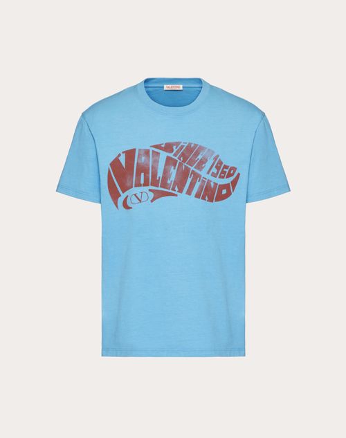 Valentino - Cotton T-shirt With Valentino Surf Print - Sky Blue - Man - T-shirts And Sweatshirts