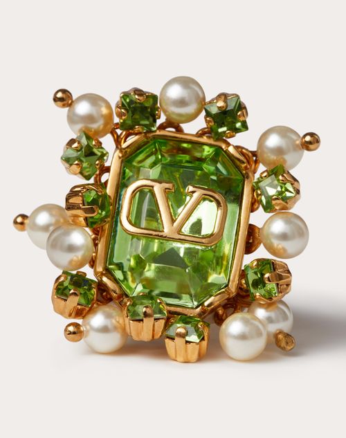 Valentino Garavani - Vlogo Signature Metal Ring With Pearls And Crystals E-commerce Exclusive - Gold/green - Woman - Gifts For Her