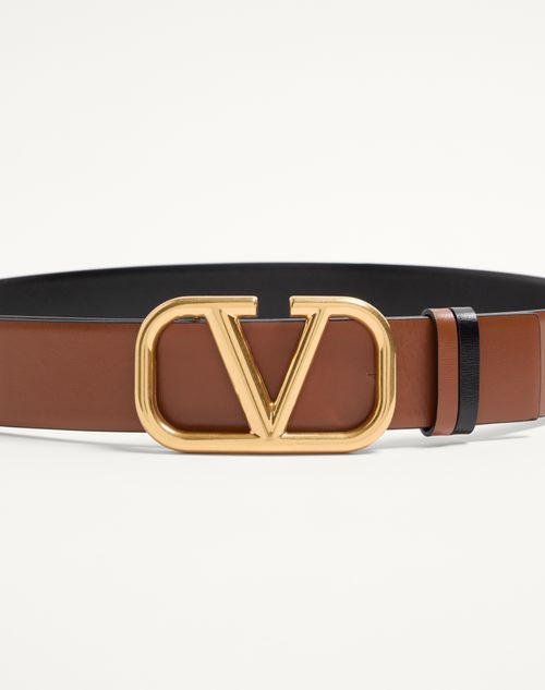 Valentino Garavani - Reversible Vlogo Signature Belt In Glossy Calfskin 40 Mm - Saddle Brown/black - Woman - Accessories