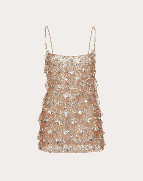 Valentino - Tulle Illusione Embroidered Short Dress - Light Camel/silver - Woman - Shelf - Pap 