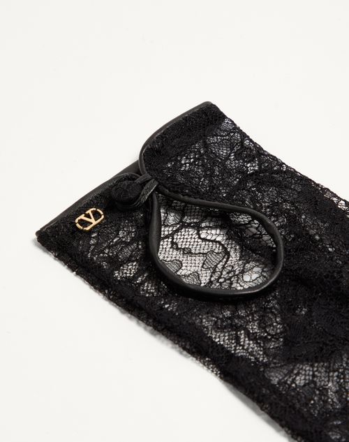 Valentino Garavani - Vlogo Signature Biker Gloves In Lace And Leather - Black/gold - Woman - Hats And Gloves