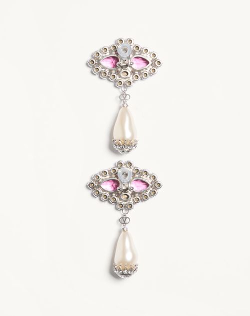 Valentino Garavani - Pas Plus Earrings In Metal, Resin, Enamel, And Crystals - Palladium/cream/pink - Woman - Fashion Jewelry