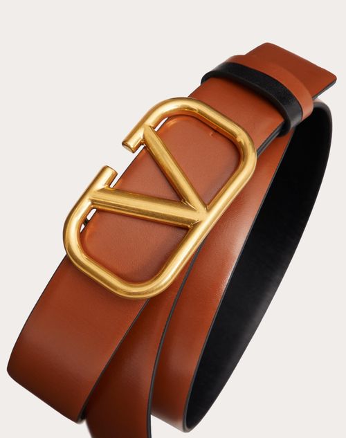 Valentino Garavani - Reversible Vlogo Signature Belt In Glossy Calfskin 30 Mm - Saddle Brown/black - Woman - Belts