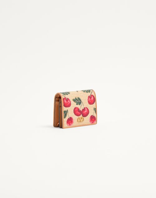 Valentino Garavani - VLOGO SIGNATURE CHERRYFIC JACQUARD RAFFIA WALLET  - Natural/red - Woman - Wallets And Small Leather Goods