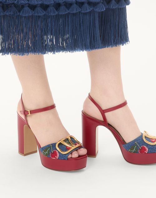 Valentino Garavani - Vlogo Signature Platform Denim Sandal With Cherryfic Embroidery 115mm - Denim/multicolour - Woman - Sandals