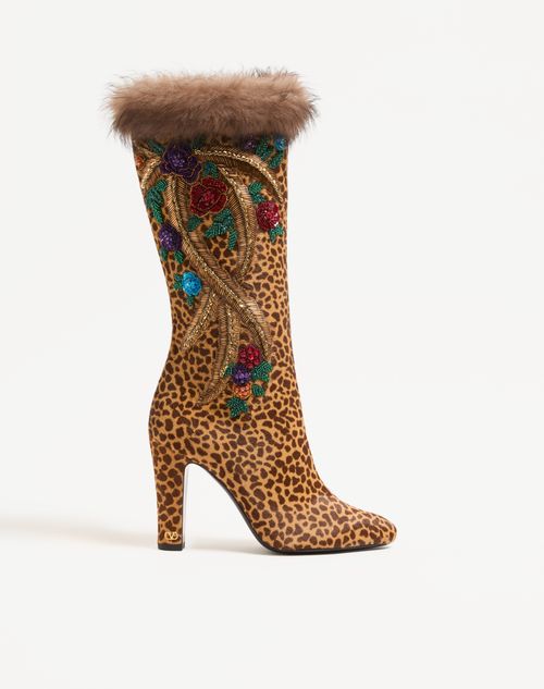 Valentino Garavani - Hotty Boot In Pony-effect Calfskin With Floral Embroidery And Fur 100mm - Animal Print - Woman - Boots And Ankle Boots
