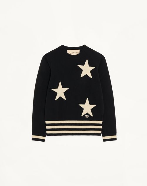 Valentino - Valentino Wool Crewneck Sweater With Star Motif And Vlogo Embroidery - Black/butter - Man - Knitwear