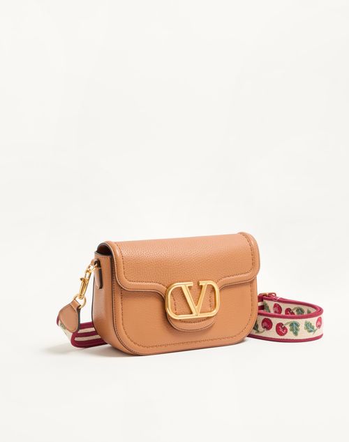 Valentino Garavani - Valentino Garavani Alltime Shoulder Bag In Grainy Calfskin With Cherryfic Embroidered Ribbon Shoulder Strap. - Almond - Woman - Shoulder Bags