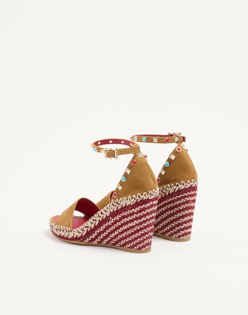 Valentino Garavani - Rockstud Double Wedge Sandal In Split Leather With Cabochon Stones 105mm - Havana Beige - Woman - Espadrilles And Wedges