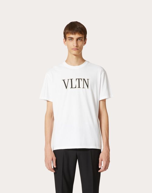 Vltn Embroidered Cotton T-shirt for Man in White | Valentino US