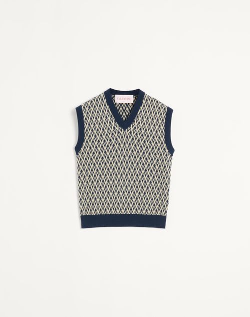 Valentino - Wool Vest With Toute La V Jacquard Pattern - Navy/cream - Man - Knitwear