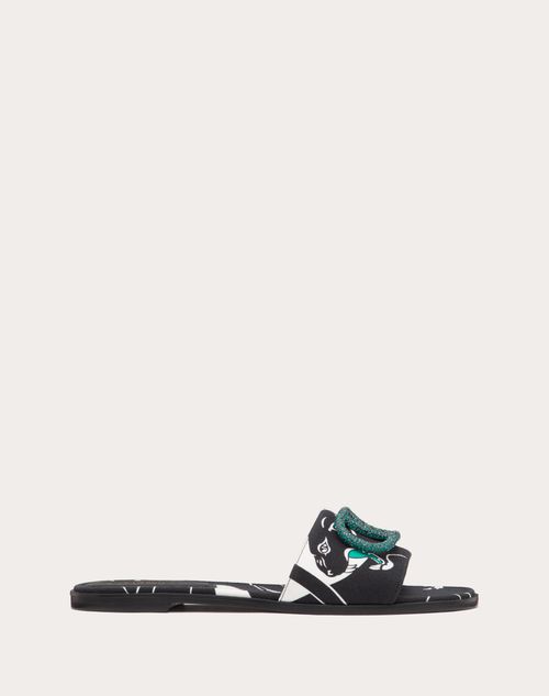 Valentino Garavani - Valentino Garavani Escape Slide Sandal In Canvas With Panther Print - Black/white/green - Woman - Vlogo Signature - Shoes