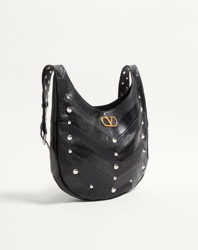 Valentino Garavani Hoboho Hobo Bag In Chevron-Patterned Nappa Leather With Studs Woman Black Uni