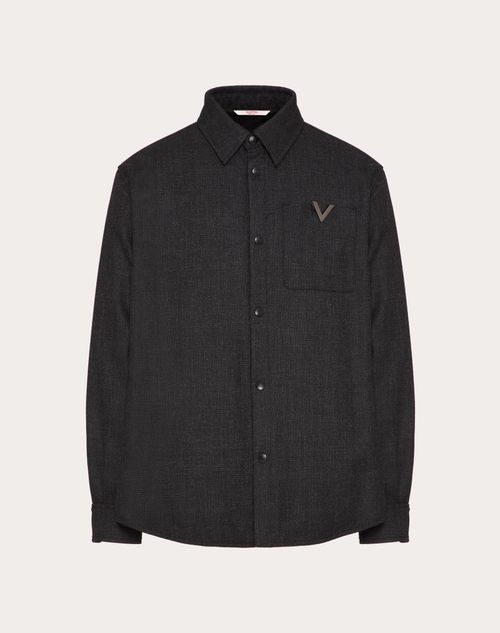 Valentino - Wool Tweed Overshirt With Metallic V Detail - Black/anthracite - Man - Outerwear