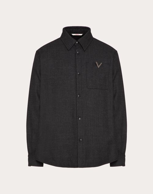 Valentino - Surchemise En Wool Tweed Avec Élément V En Métal - Noir/anthracite - Homme - Prêt-à-porter