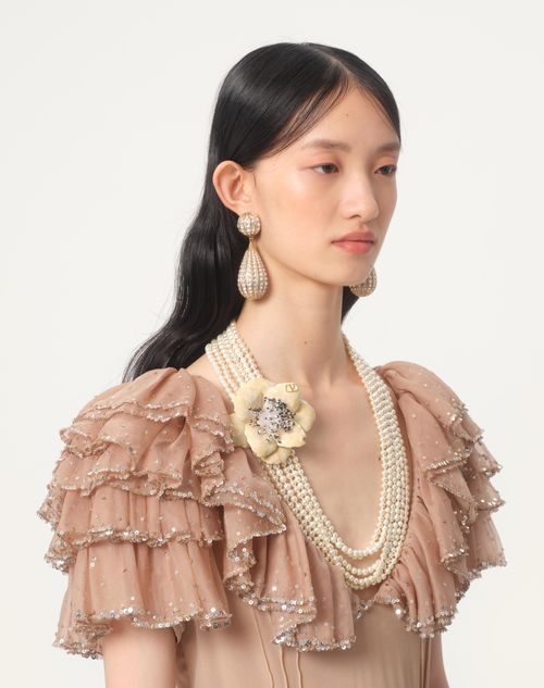 Valentino Garavani - Fleur Lumineuse Necklace In Metal, Enamel, Pearls And Fabric - Gold/cream - Woman - Jewelry