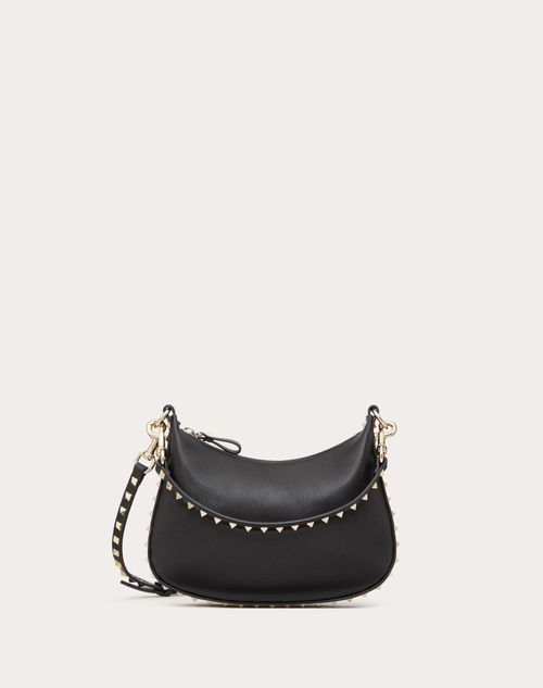 Valentino Garavani - Bolso Hobo Rockstud Pequeño De Cuero Graneado De Becerro - Negro - Mujer - Bolsos De Hombro