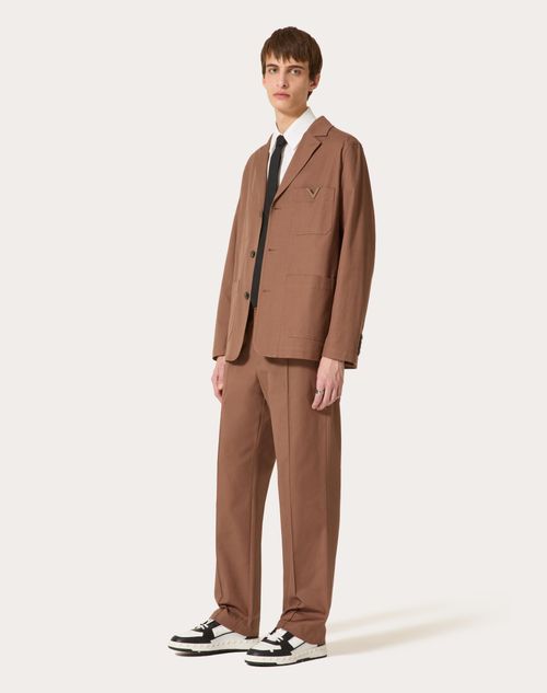 Valentino - Single-breasted Stretch Cotton Canvas Jacket With Rubberized V Detail - Clay - Man - Coats And Blazers