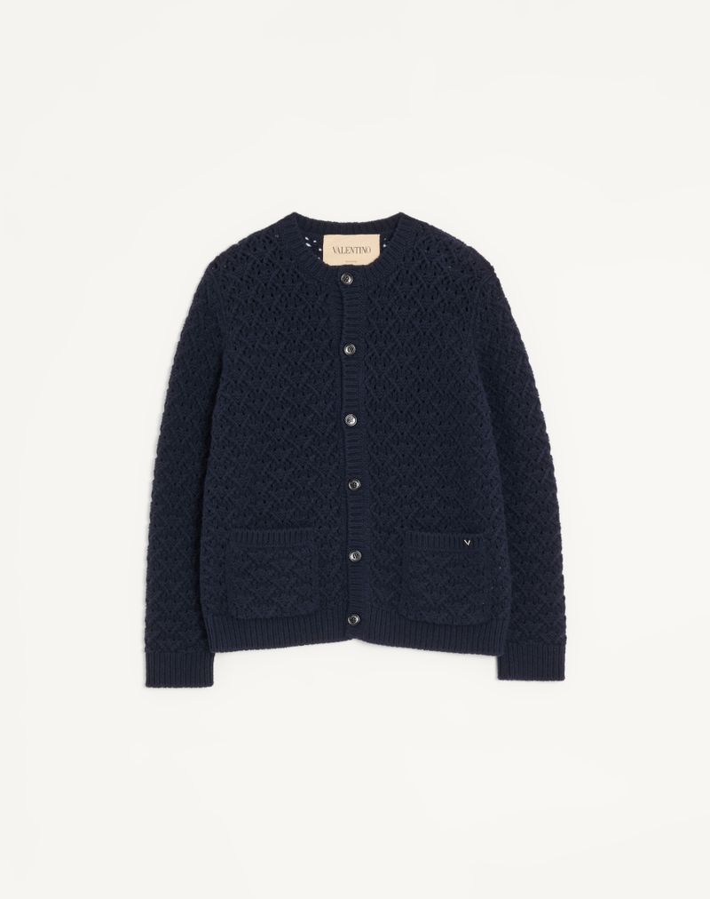 Cardigan Laine Cachemire V Métallisé Bleu Marine — Valentino