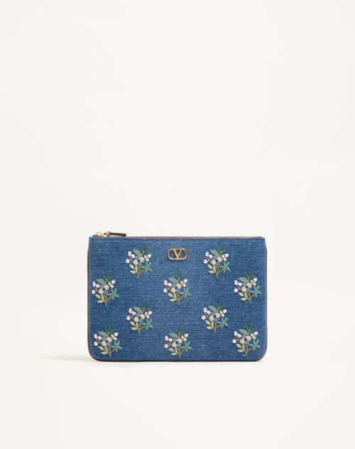 Valentino Garavani - Valentino Garavani Vlogo Signature Clutch Bag In Denim With Floral Embroidery - Denim - Woman - Clutches