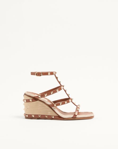 Valentino Garavani - Rockstud Calfskin Wedge Sandal With Cornely Embroidery 80mm - Saddle Brown/natural - Woman - Espadrilles And Wedges