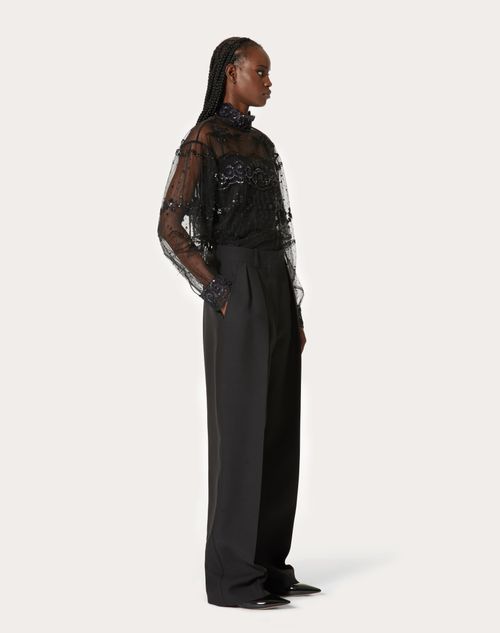 Valentino - Tulle Illusione Embroidered Top - Black - Woman - Shirts & Tops