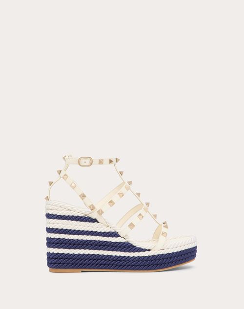 Valentino Garavani - Rockstud Wedge Sandal With Calfskin Straps 95mm - Ivory/navy - Woman - Espadrilles And Wedges