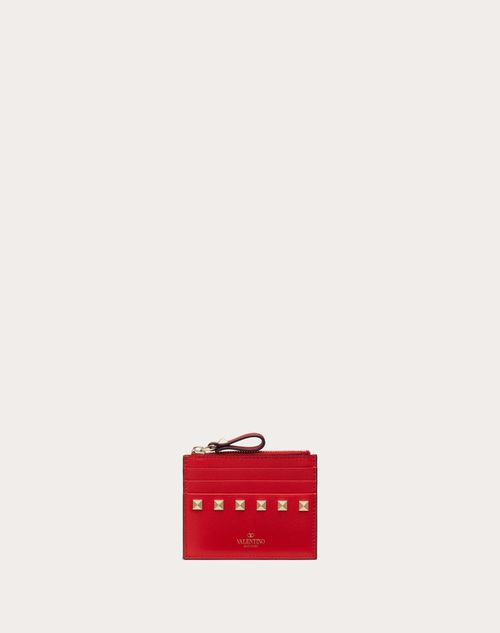 Valentino Garavani - Rockstud Calfskin Cardholder With Zipper - Rouge Pur - Woman - Wallets And Small Leather Goods