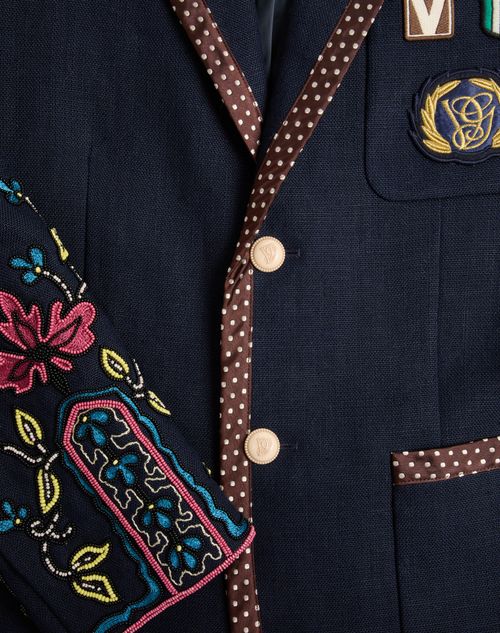 Valentino - シングルブレスト リネン ビーズエンブロイダリー パッチ ジャケット - ブルー - メンズ - コート＆ブレザー