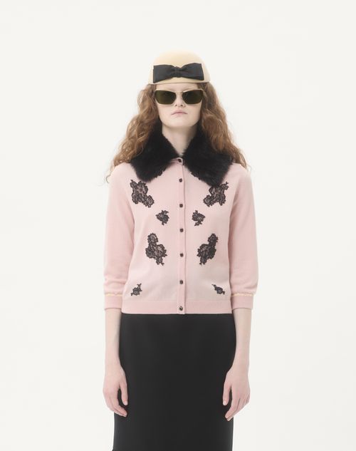 Cardigan With Shearling Collar for Woman in Rose/black