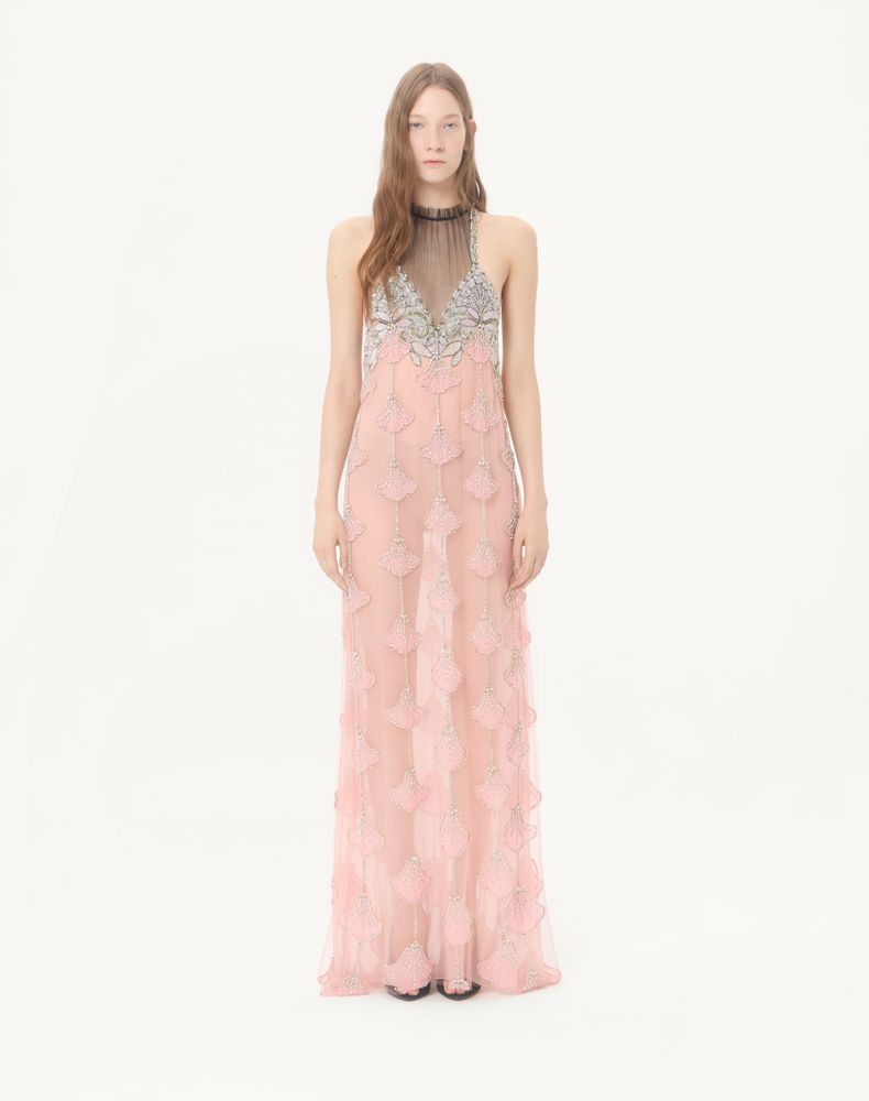 Valentino Long Dress In Embroidered Tulle Illusione Woman Pink/Silver 36