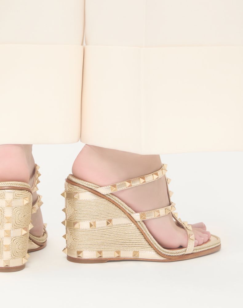 Valentino Garavani Rockstud Wedge Sandal In Laminated Nappa With Cornely Embroidery 100Mm Woman Platinum 38