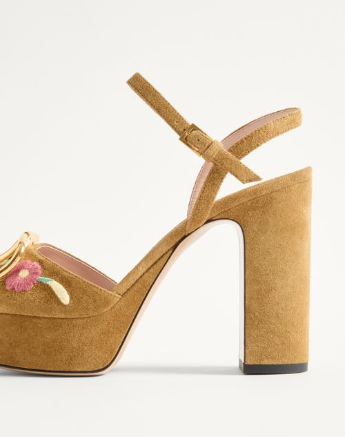 Valentino Garavani - Vlogo Signature Platform Sandal In Split Leather With Floral Embroidery 115 Mm - Havana Beige - Woman - Sandals