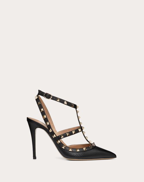 Rockstud Grainy Leather Ankle Strap Pump 100 Mm for Woman in Black