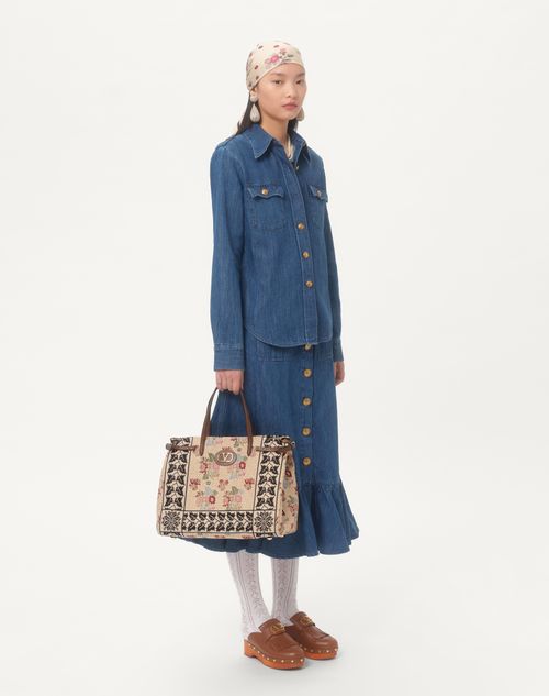 Valentino Garavani - Valentino Garavani Antibes Medium Shopping Bag In Jacquard And Karung Fabric - Multicolour/tobacco - Woman - Totes