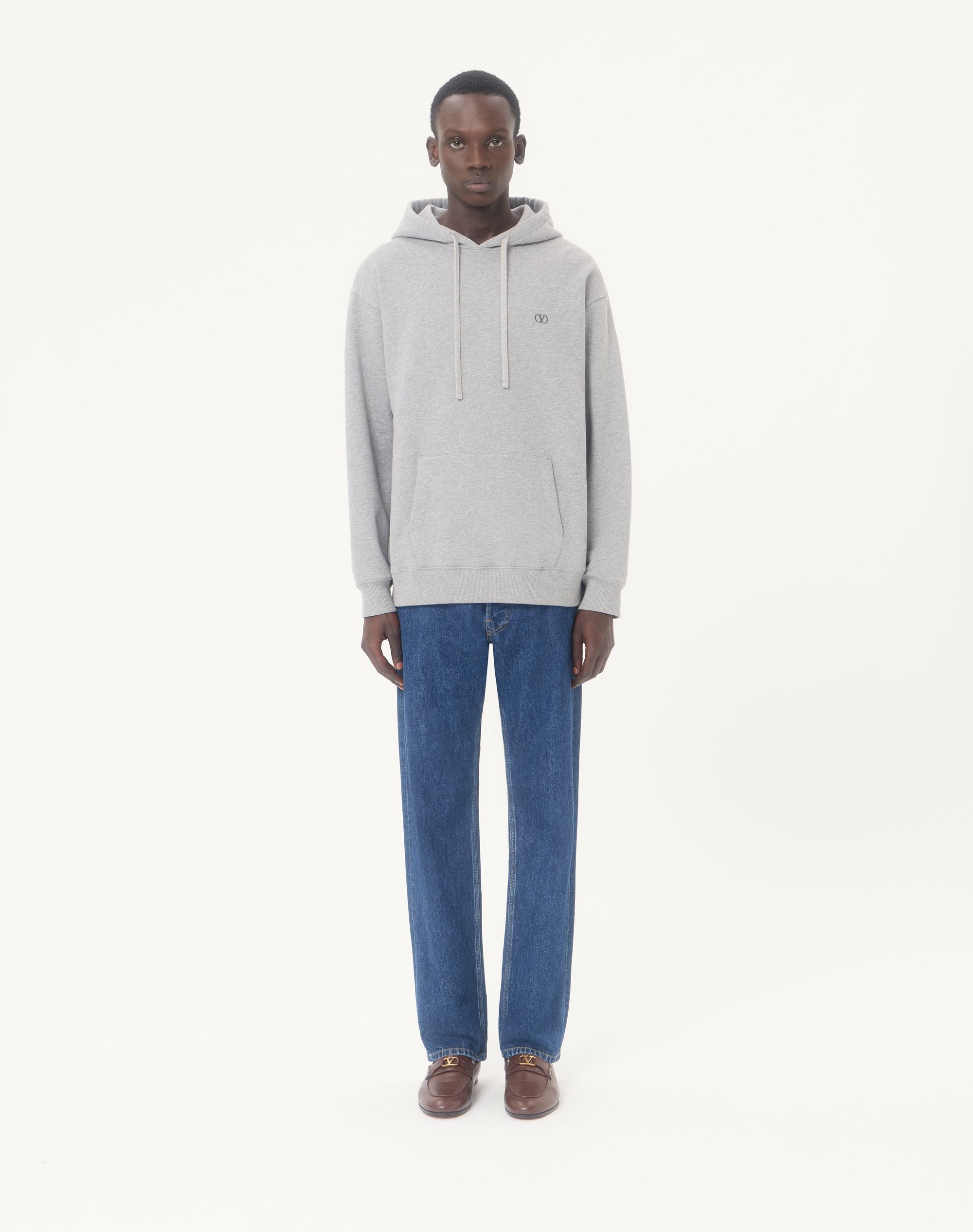 Cotton Hoodie With Vlogo Embroidery for Man in Grey