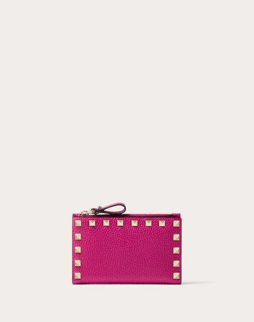 Valentino Garavani - Rockstud Grainy Calfskin Cardholder With Zipper - Rose Violet - Woman - Accessories
