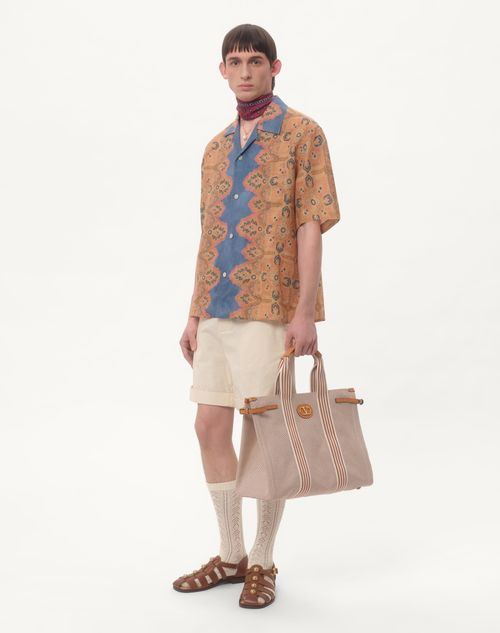 Valentino - Linen Bowling Shirt With Voyage Imaginaire Print - Azure/beige/pink - Man - Shirts