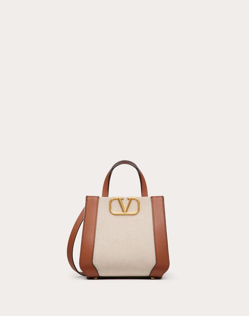 Valentino Garavani - Bolso De Mano Pequeño De Lona Con El Vlogo Signature - Beige/piel - Mujer - Bolsos Shopping